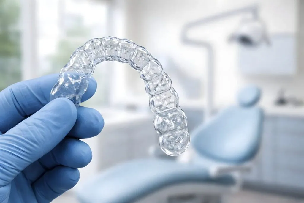 Clear Dental Aligner Held by Gloved Hand in Modern Dental Office
